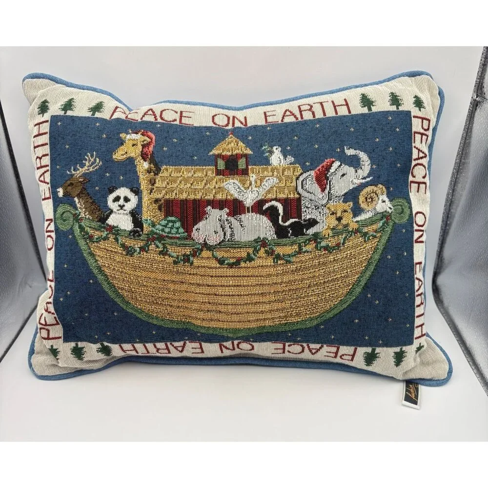 Noahs Ark Tapestry Accent Pillow Peace On Earth Home Decor 16 Inch Animal Theme